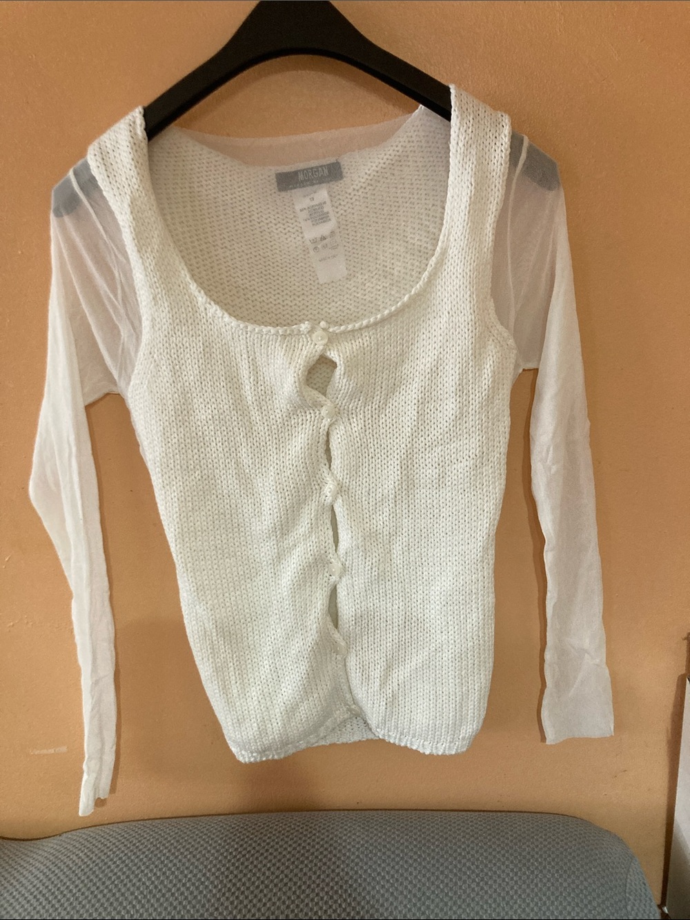 Morgan de Toi White Knit Tank with Sheer Long Sleeves